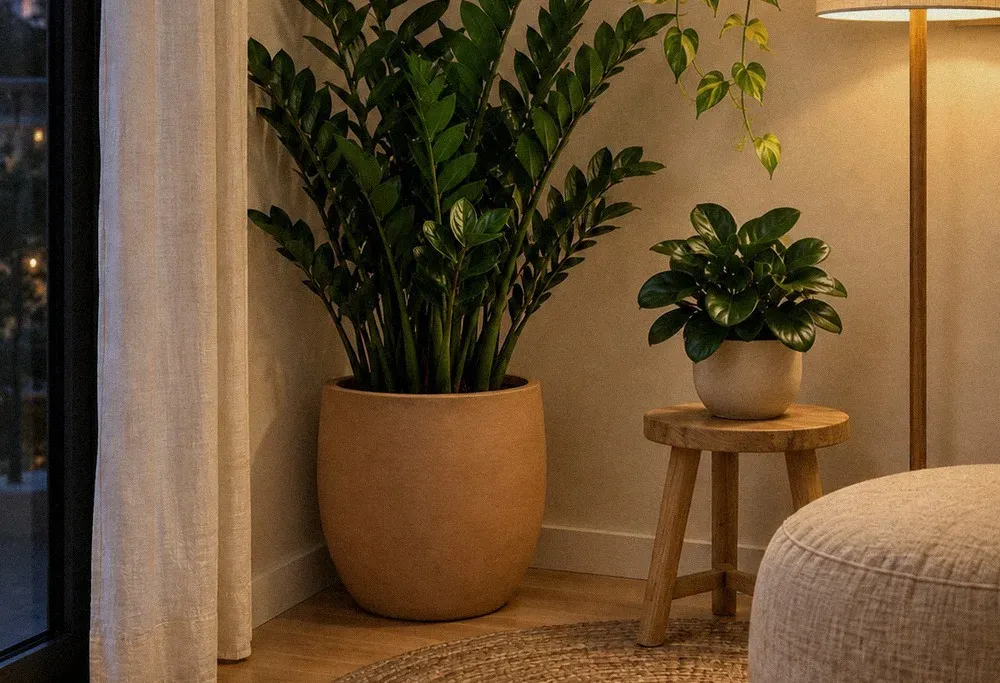 Canto com zamioculca em vaso de barro, banquinho de madeira com uma planta e luz quente