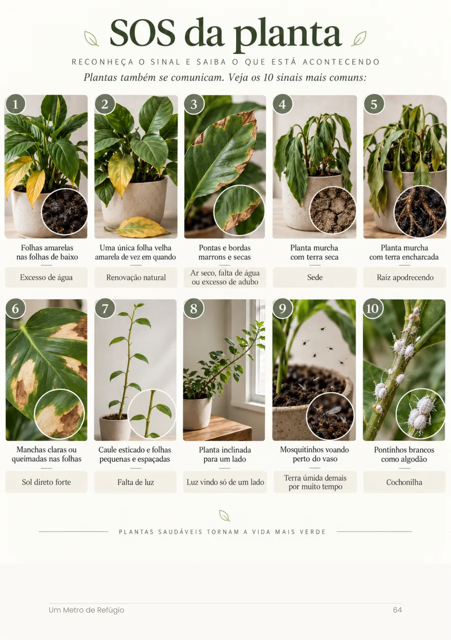 Página SOS da planta do e-book, com os 10 sinais que as folhas dão e o que cada um significa